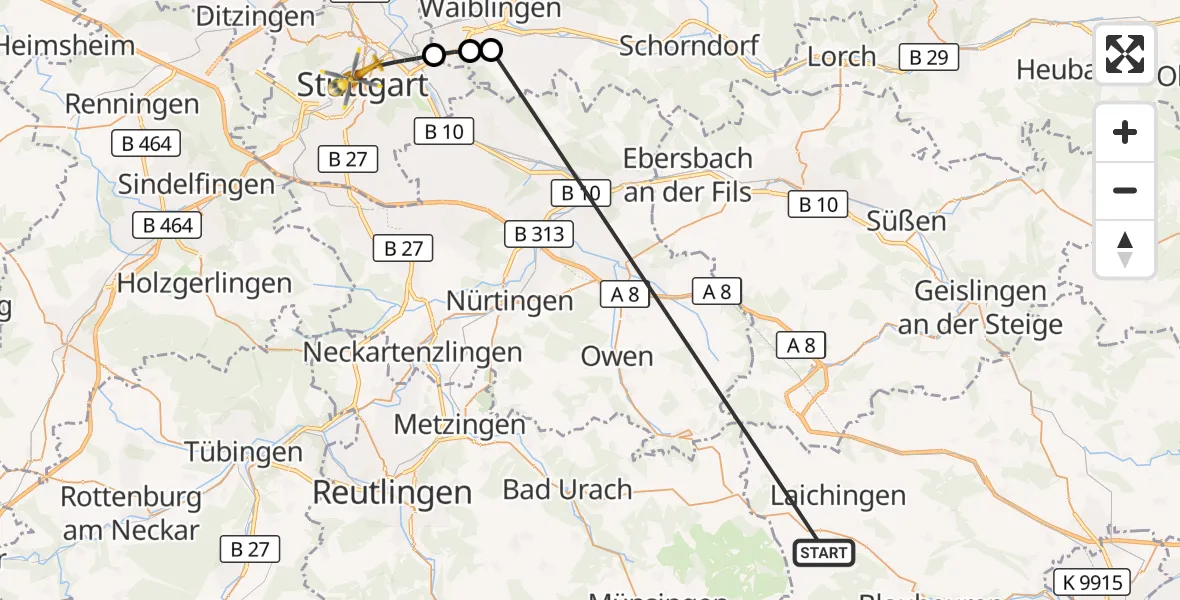 Flugroute Rettungshubschrauber Heroldstatt - Stuttgart, 25 Oktober 2026, 11:48