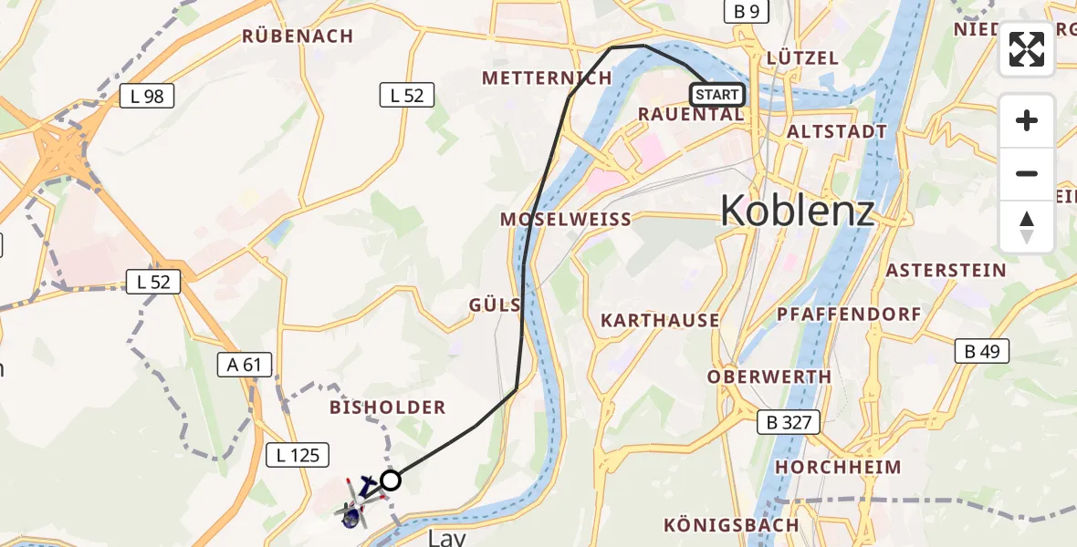 Flugroute Polizeihubschrauber Koblenz - Koblenz-Winningen Flugplatz, 25 Oktober 2026, 11:49