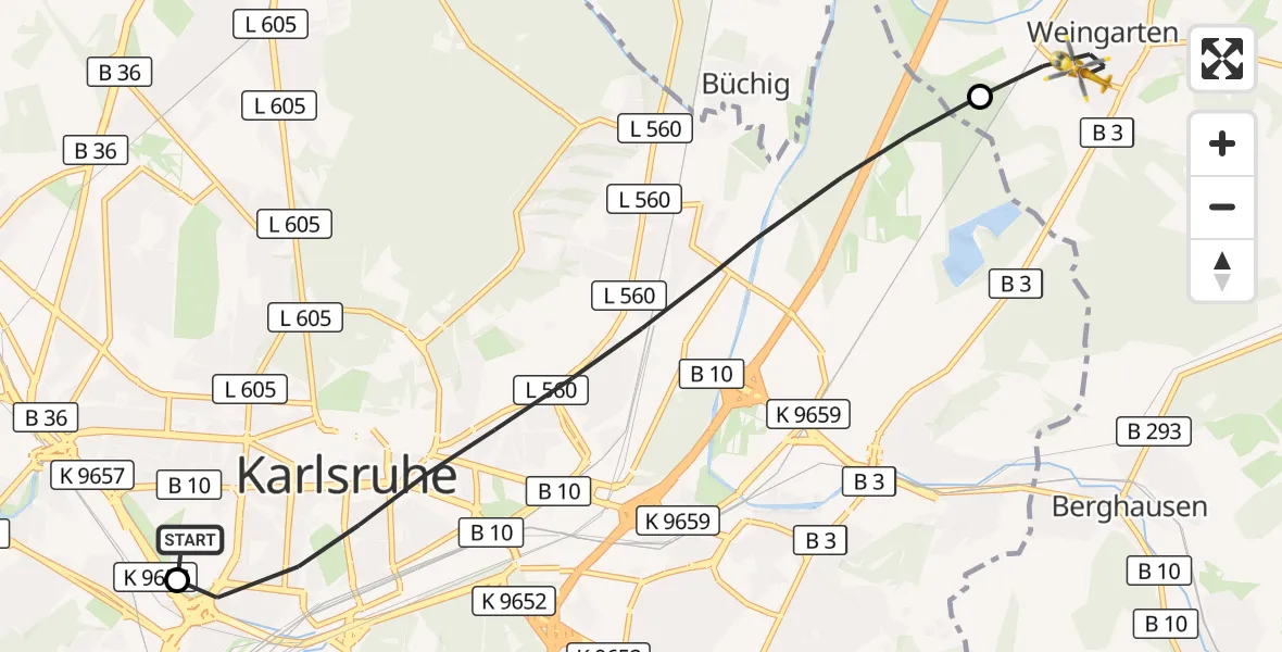 Flugroute Ambulanzhubschrauber Sankt Vincentius Hospital - Weingarten (Baden), 25 Oktober 2026, 11:50