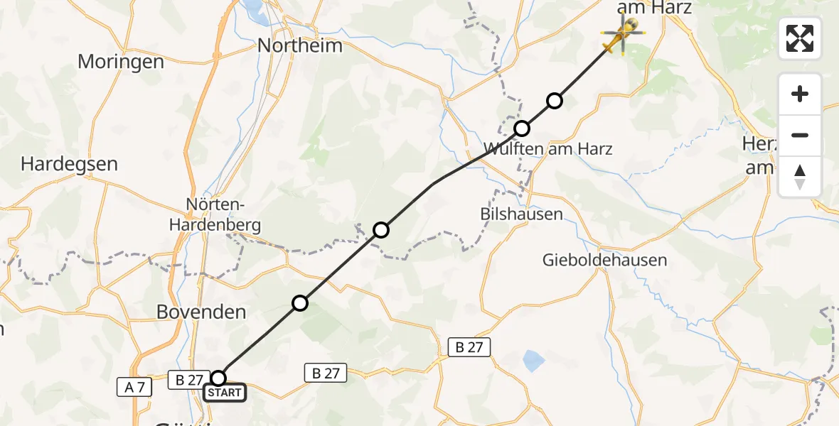 Flugroute Rettungshubschrauber Göttingen University Clinic Hubschrauberlandeplatz - Osterode am Harz, 25 Oktober 2026, 11:51