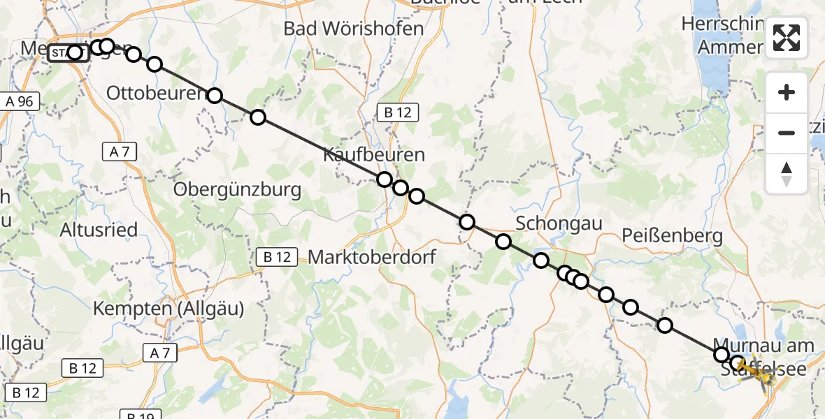 Flugroute Rettungshubschrauber Memmingen Hospital - Murnau a.Staffelsee, 25 Oktober 2026, 11:52