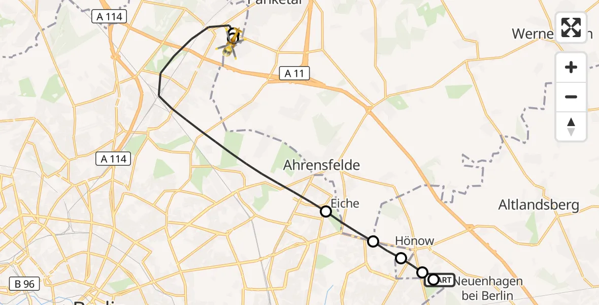 Flugroute Rettungshubschrauber Hoppegarten - Helios Clinic Berlin-Buch, 25 Oktober 2026, 12:06