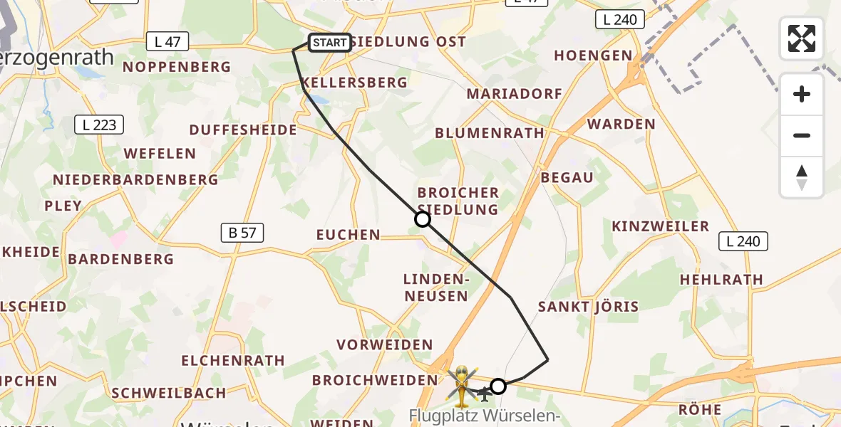Flugroute Rettungshubschrauber Alsdorf - Aachen-Merzbrück Flughafen, 25 Oktober 2026, 12:26