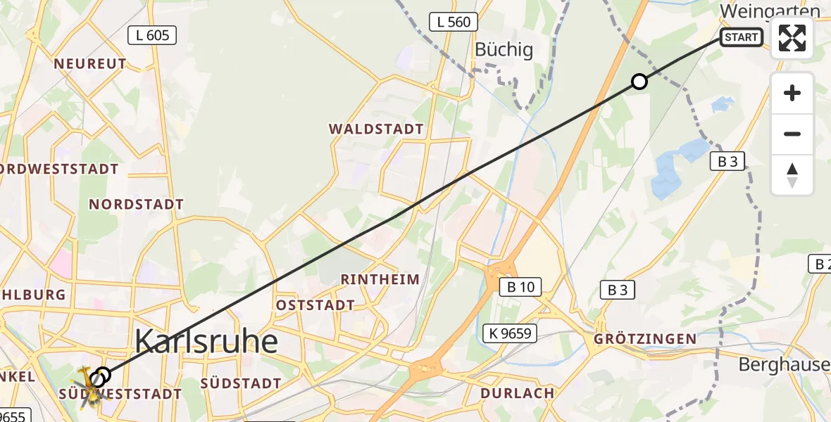Flugroute Ambulanzhubschrauber Weingarten (Baden) - Sankt Vincentius Hospital, 25 Oktober 2026, 12:30