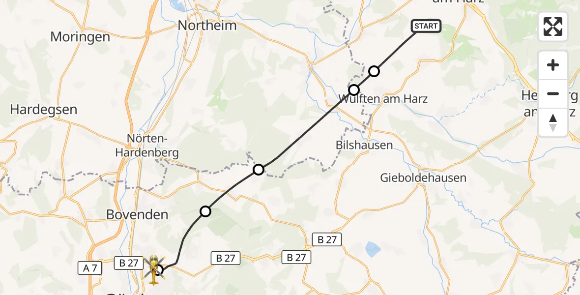 Flugroute Rettungshubschrauber Osterode am Harz - Göttingen University Clinic Hubschrauberlandeplatz, 25 Oktober 2026, 12:35