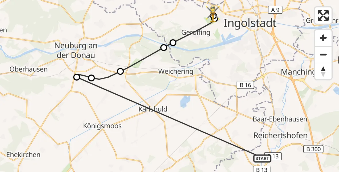 Flugroute Rettungshubschrauber Reichertshofen - Ingolstadt Hospital, 25 Oktober 2026, 12:42