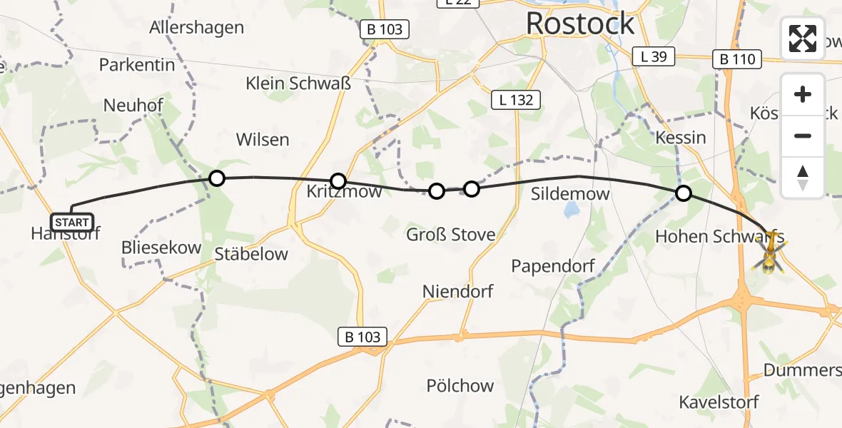 Flugroute Ambulanzhubschrauber Satow - Dummerstorf, 25 Oktober 2026, 12:44