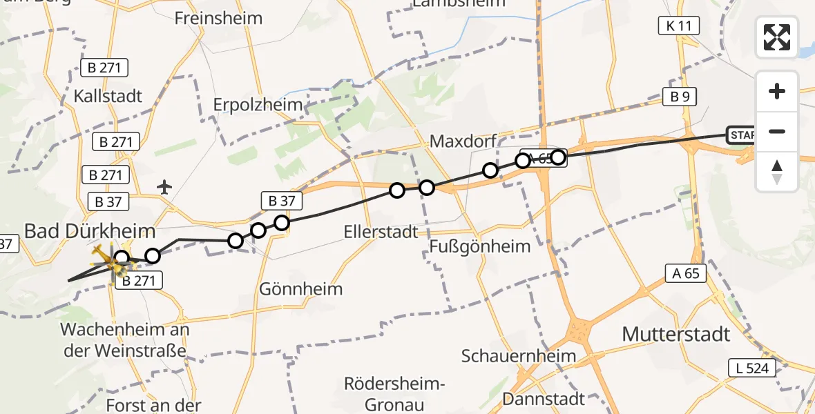 Flugroute Rettungshubschrauber Ludwigshafen am Rhein - Bad Dürkheim, 25 Oktober 2026, 12:46