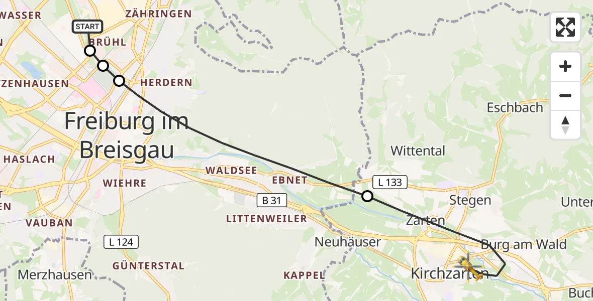 Flugroute Ambulanzhubschrauber Freiburg im Breisgau Flugplatz - Kirchzarten, 25 Oktober 2026, 12:46