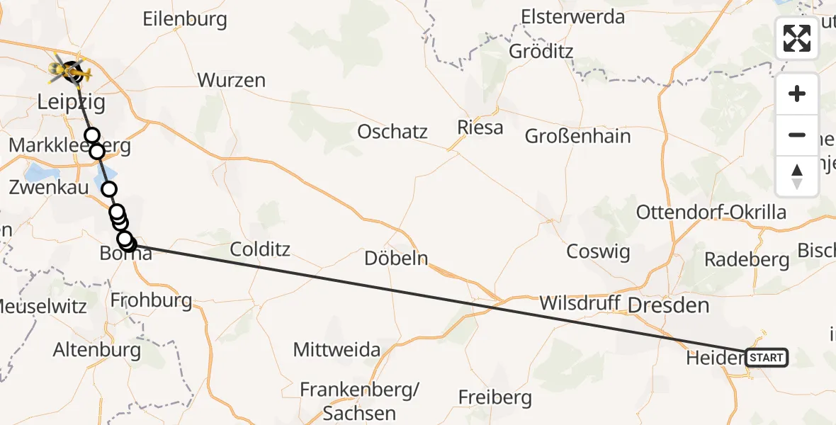 Flugroute Rettungshubschrauber Pirna - Sankt Georg Hospital Leipzig Reserve, 25 Oktober 2026, 12:49