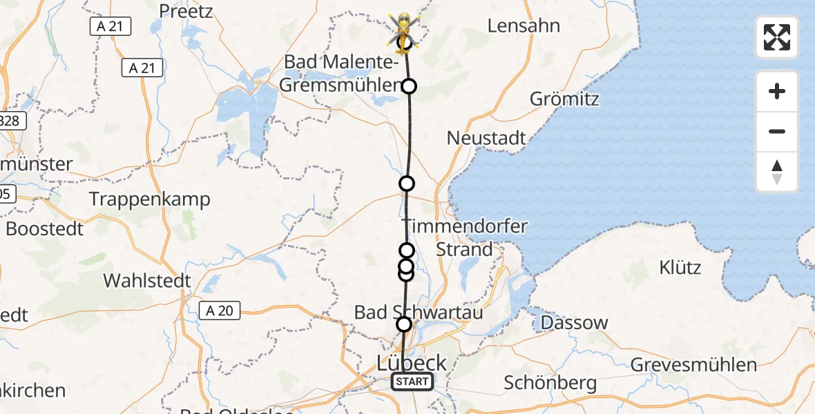 Flugroute Rettungshubschrauber Lübeck - Kirchnüchel, 25 Oktober 2026, 12:55