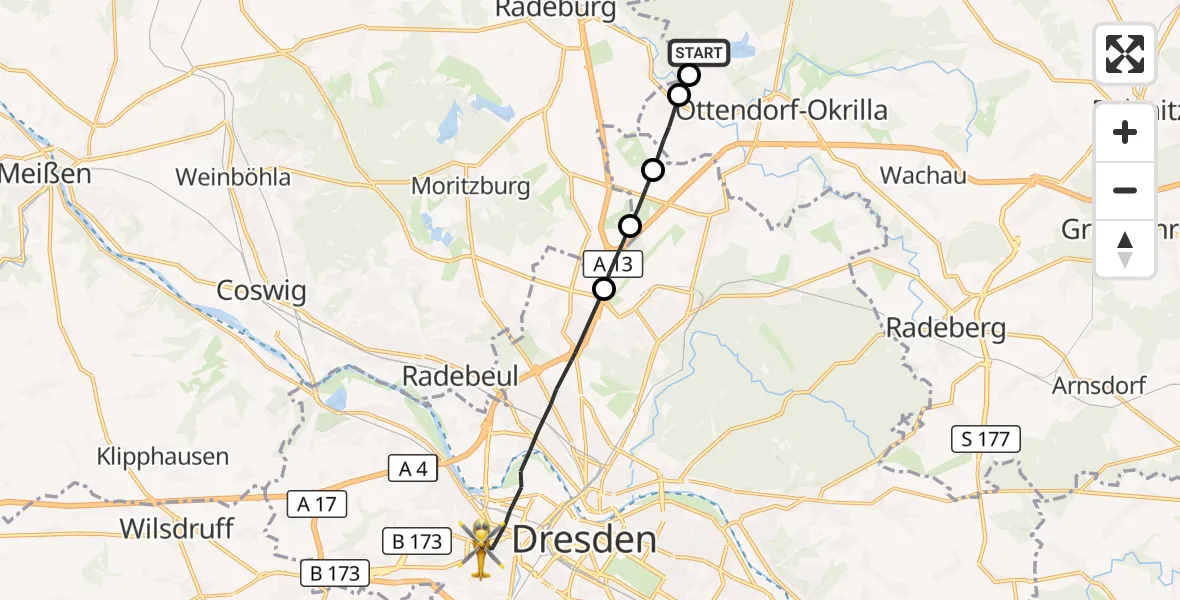 Flugroute Rettungshubschrauber Laußnitz - Dresden, 25 Oktober 2026, 13:00