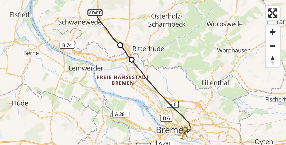 Flugroute Rettungshubschrauber Schwanewede - Bremen, 25 Oktober 2026, 13:06