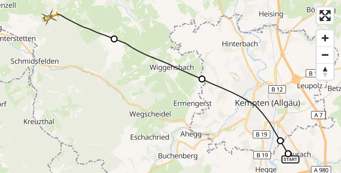 Flugroute Rettungshubschrauber Kempten-Durach Flugplatz - Altusried, 25 Oktober 2026, 13:11