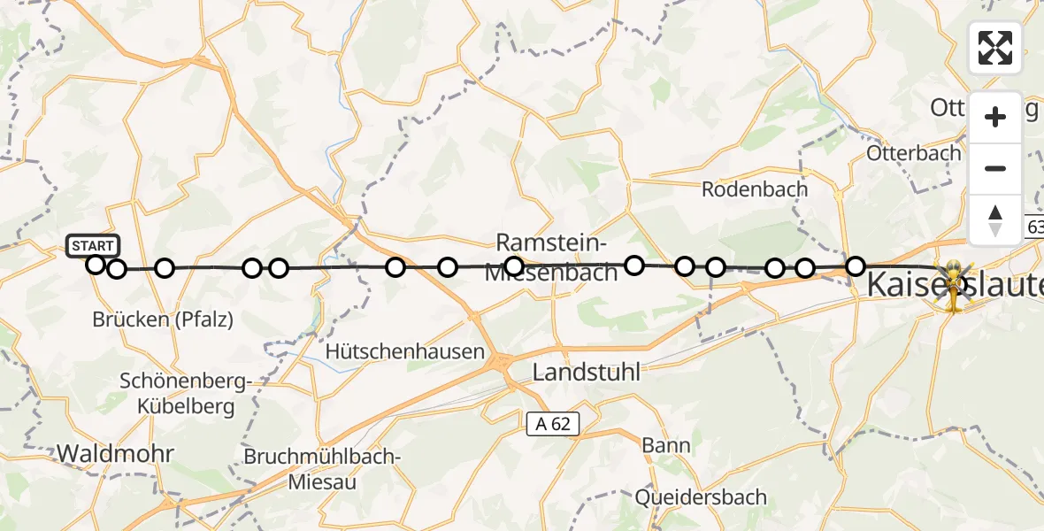 Flugroute Rettungshubschrauber Frohnhofen - Westpfalz Hospital Kaiserslautern, 25 Oktober 2026, 13:14