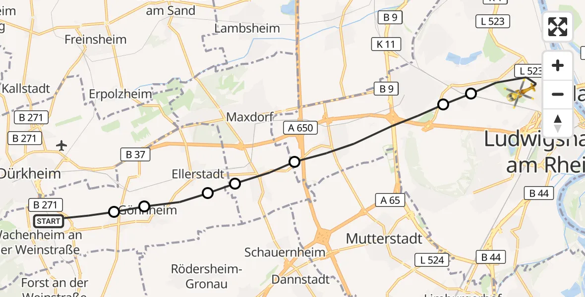 Flugroute Rettungshubschrauber Wachenheim an der Weinstraße - Ludwigshafen am Rhein, 25 Oktober 2026, 13:18