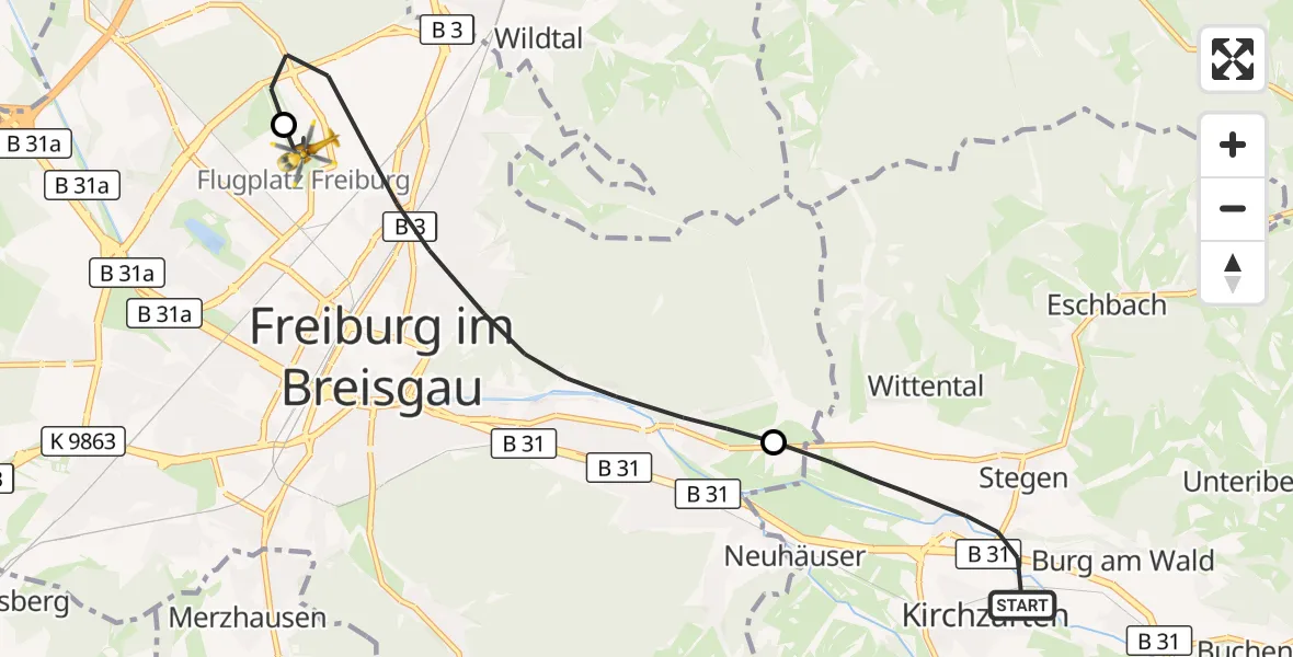 Flugroute Ambulanzhubschrauber Kirchzarten - Freiburg im Breisgau Flugplatz, 25 Oktober 2026, 13:19