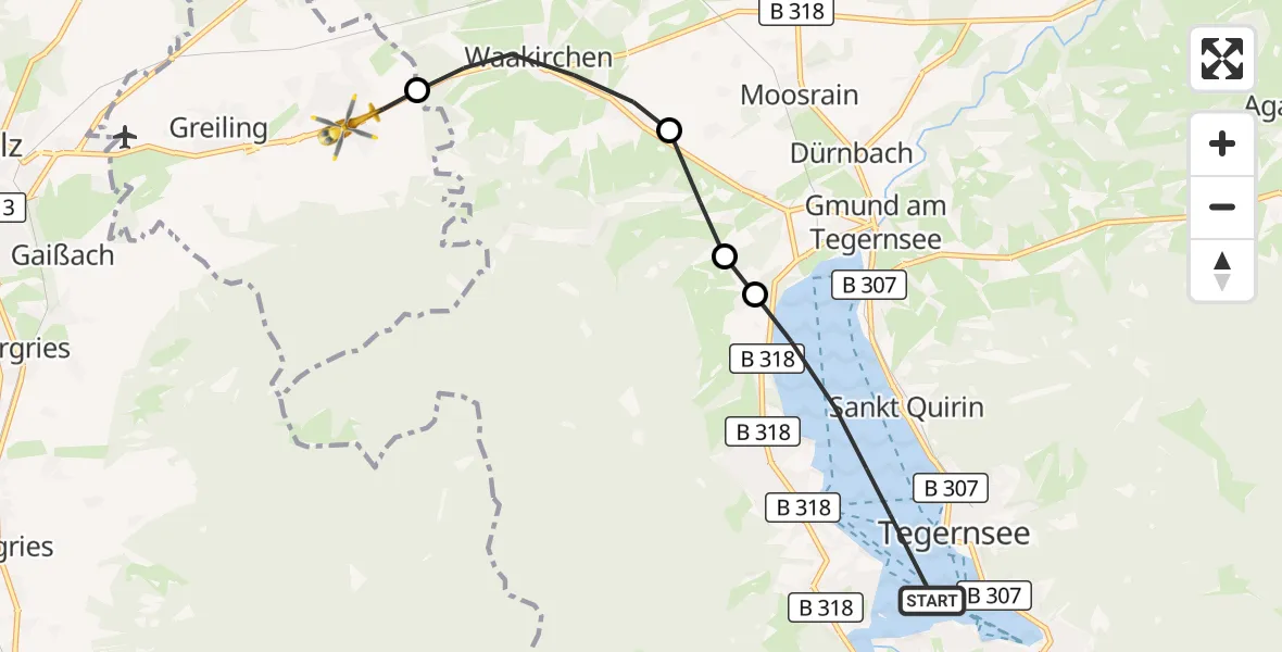 Flugroute Rettungshubschrauber Tegernsee - Reichersbeuern, 25 Oktober 2026, 13:21