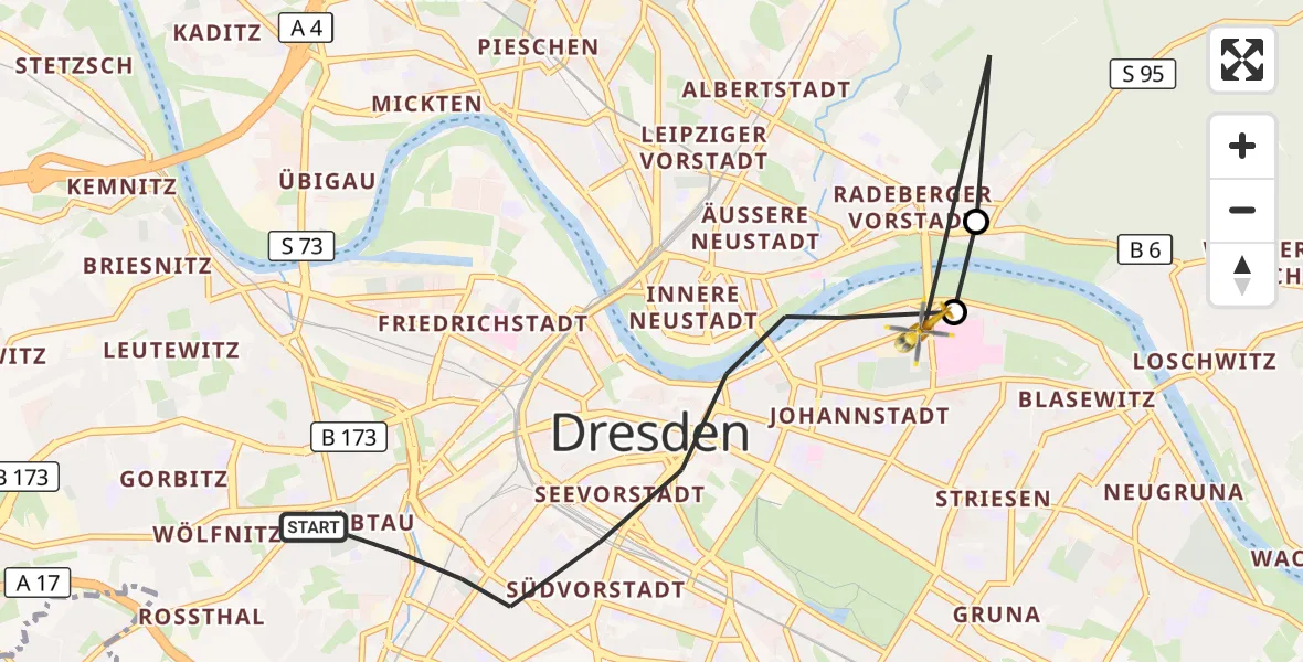 Flugroute Rettungshubschrauber Dresden - Dresden Universitätsklinikum Hubschrauberlandeplatz, 25 Oktober 2026, 13:30