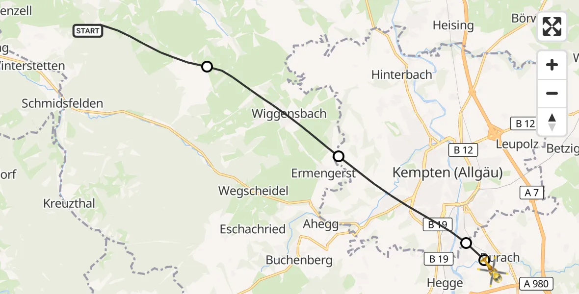 Flugroute Rettungshubschrauber Altusried - Kempten-Durach Flugplatz, 25 Oktober 2026, 13:34