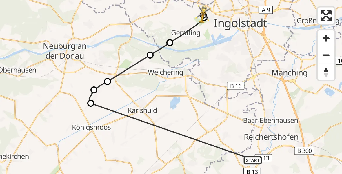Flugroute Rettungshubschrauber Reichertshofen - Ingolstadt Hospital, 25 Oktober 2026, 13:39