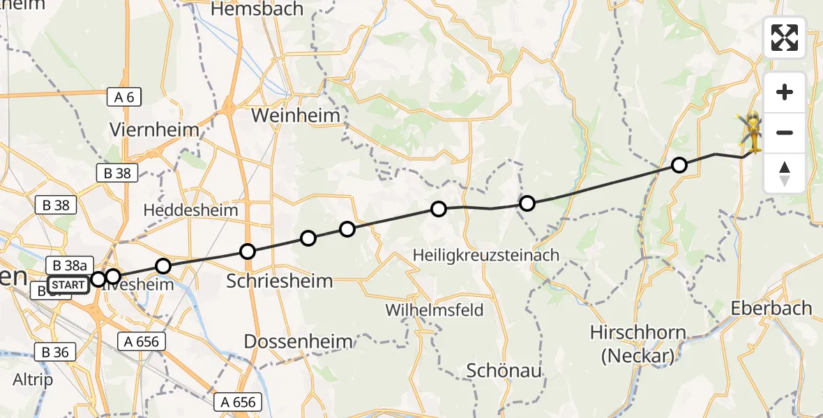 Flugroute Rettungshubschrauber Mannheim-City Flughafen - Oberzent, 25 Oktober 2026, 13:44