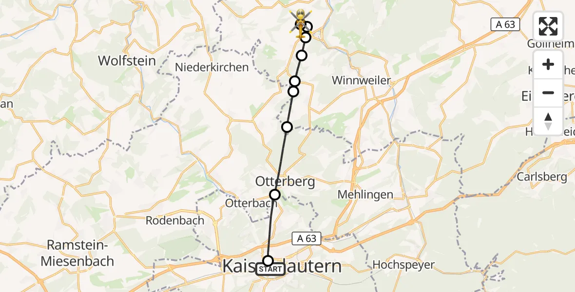 Flugroute Rettungshubschrauber Westpfalz Hospital Kaiserslautern - Rockenhausen, 25 Oktober 2026, 13:56