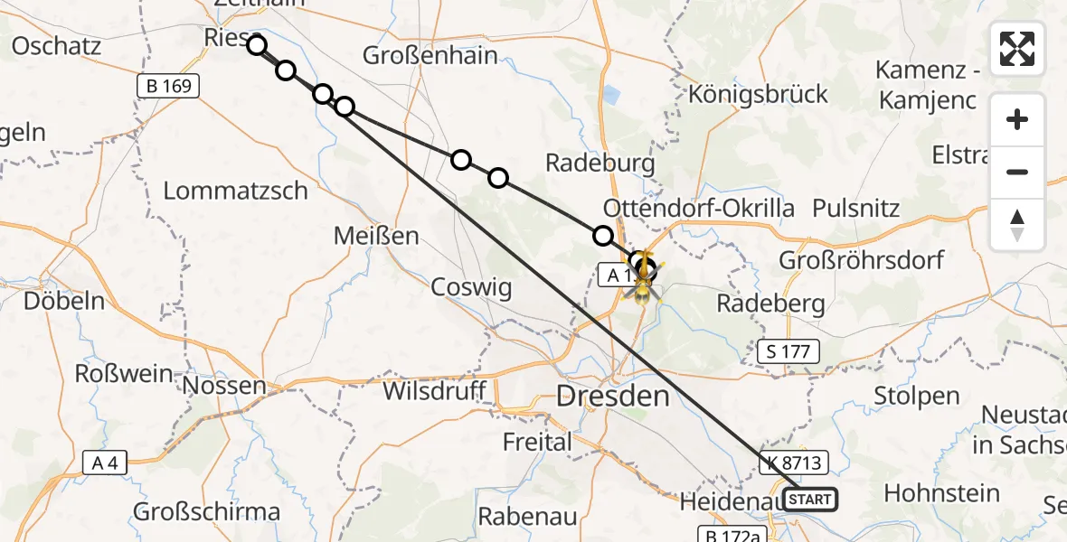 Flugroute Rettungshubschrauber Pirna - Dresden Bundespolizei Hubschrauberlandeplatz, 25 Oktober 2026, 14:07