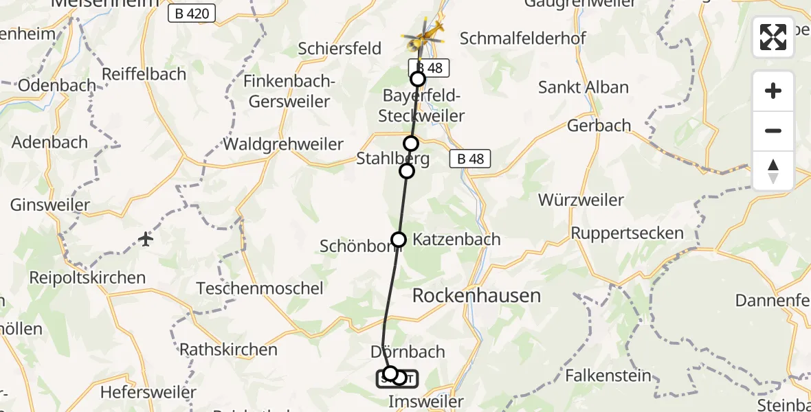 Flugroute Rettungshubschrauber Rockenhausen - Mannweiler-Cölln, 25 Oktober 2026, 14:11