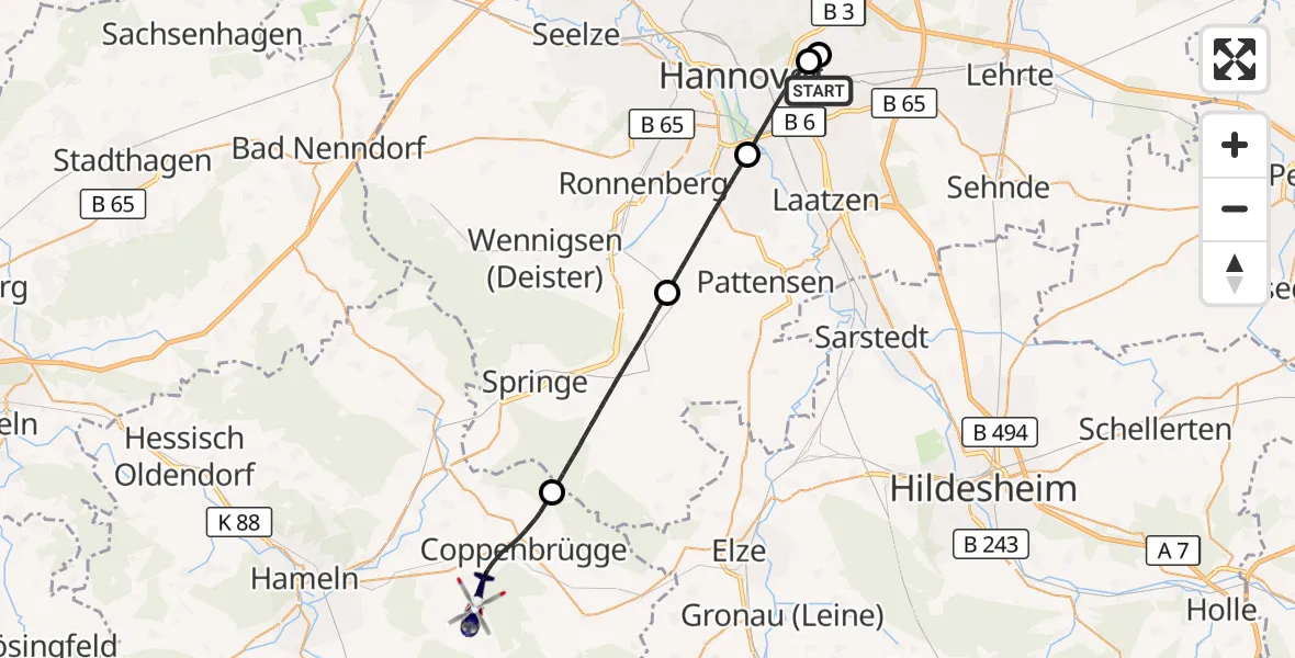 Flugroute Polizeihubschrauber Hannover - Coppenbrügge, 25 Oktober 2026, 14:22