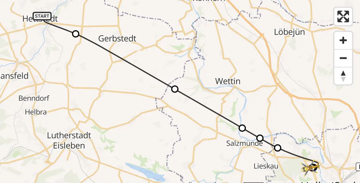 Flugroute Rettungshubschrauber Hettstedt - Halle (Saale) University Hospital, 25 Oktober 2026, 14:30