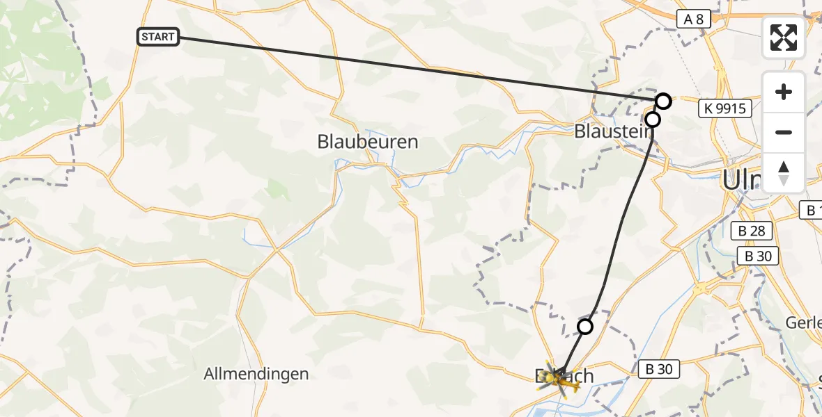 Flugroute Rettungshubschrauber Heroldstatt - Erbach, 25 Oktober 2026, 14:43