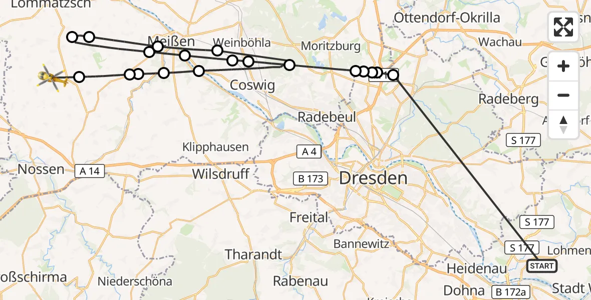 Flugroute Rettungshubschrauber Pirna - Nossen, 25 Oktober 2026, 14:44