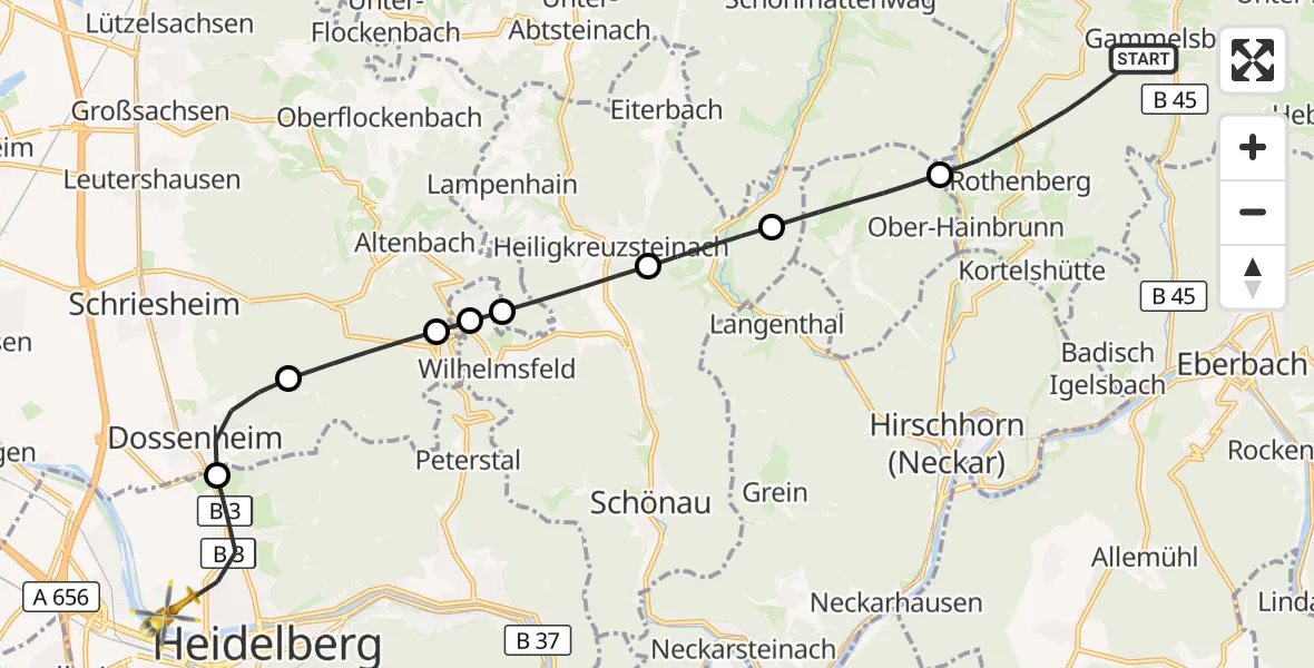 Flugroute Rettungshubschrauber Oberzent - Heidelberg, 25 Oktober 2026, 14:45