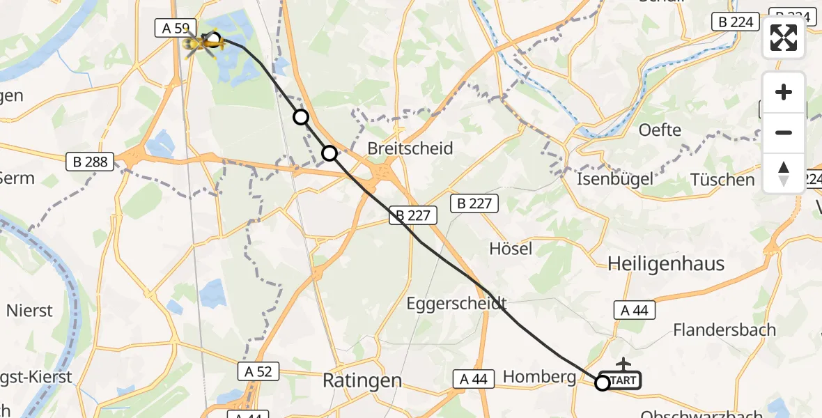 Flugroute Rettungshubschrauber Meiersberg Flugplatz - Duisburg Air Rescue Hubschrauberlandeplatz (Christoph 9), 25 Oktober 2026, 14:45