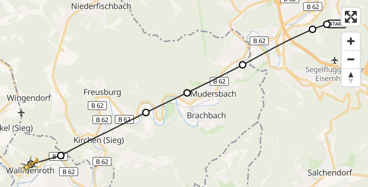 Flugroute Rettungshubschrauber Evangelisches Jung-Stilling Hospital - Wallmenroth, 25 Oktober 2026, 14:54