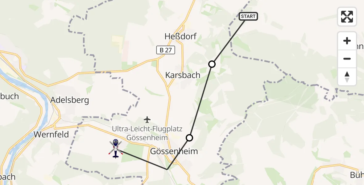 Flugroute Polizeihubschrauber Hammelburg - Gössenheim, 25 Oktober 2026, 14:59