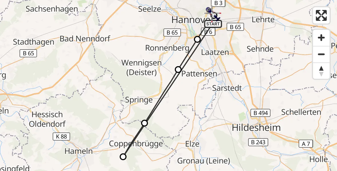 Flugroute Polizeihubschrauber Hannover - Hannover Luftrettung Hubschrauberlandeplatz (Christoph 4), 25 Oktober 2026, 15:03