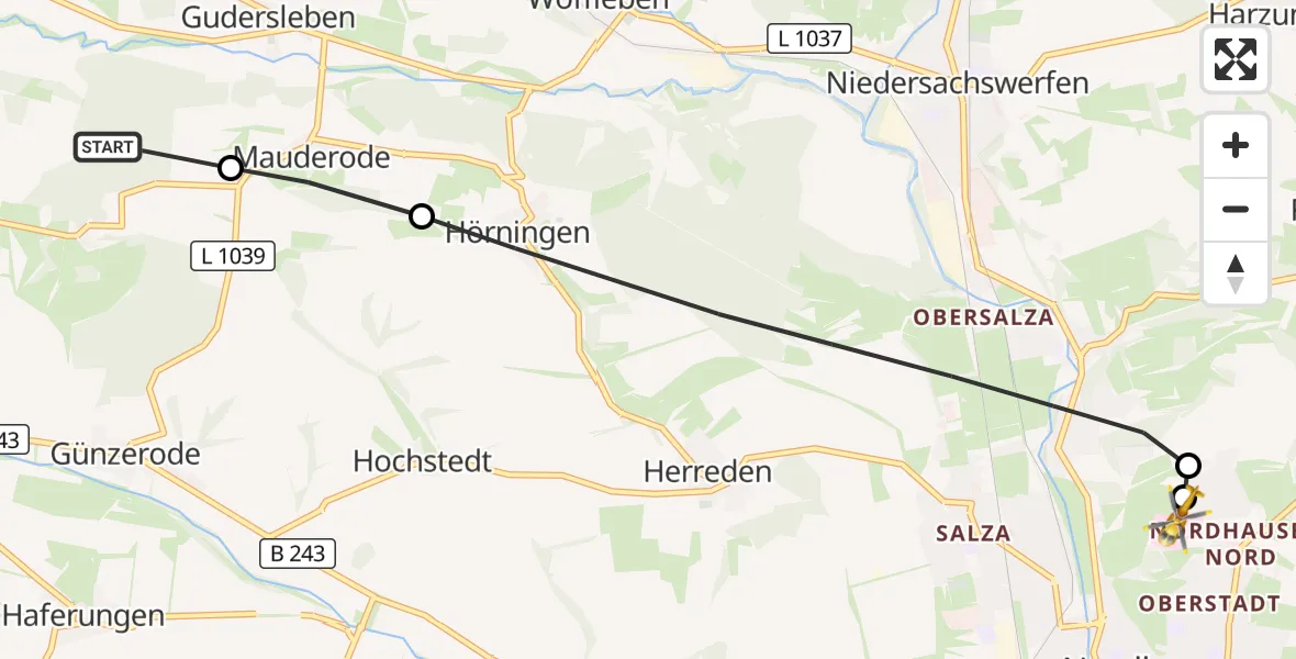 Flugroute Rettungshubschrauber Ellrich - Südharz Hospital Nordhausen, 25 Oktober 2026, 15:05