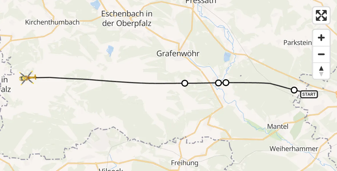 Flugroute Ambulanzhubschrauber Weiden i.d.OPf. - Grafenwöhr, 25 Oktober 2026, 15:12