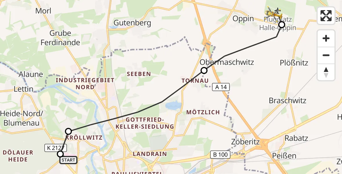 Flugroute Rettungshubschrauber Halle (Saale) University Hospital - Halle-Oppin Flugplatz, 25 Oktober 2026, 15:15
