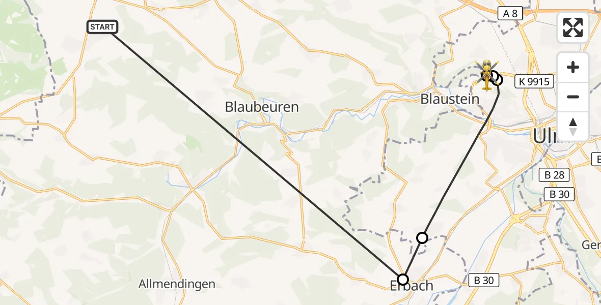 Flugroute Rettungshubschrauber Heroldstatt - ADAC Air Rescue Station Ulm (Christoph 22), 25 Oktober 2026, 15:29
