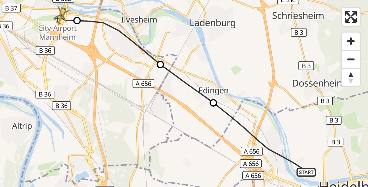 Flugroute Rettungshubschrauber Heidelberg - Mannheim-City Flughafen, 25 Oktober 2026, 15:30