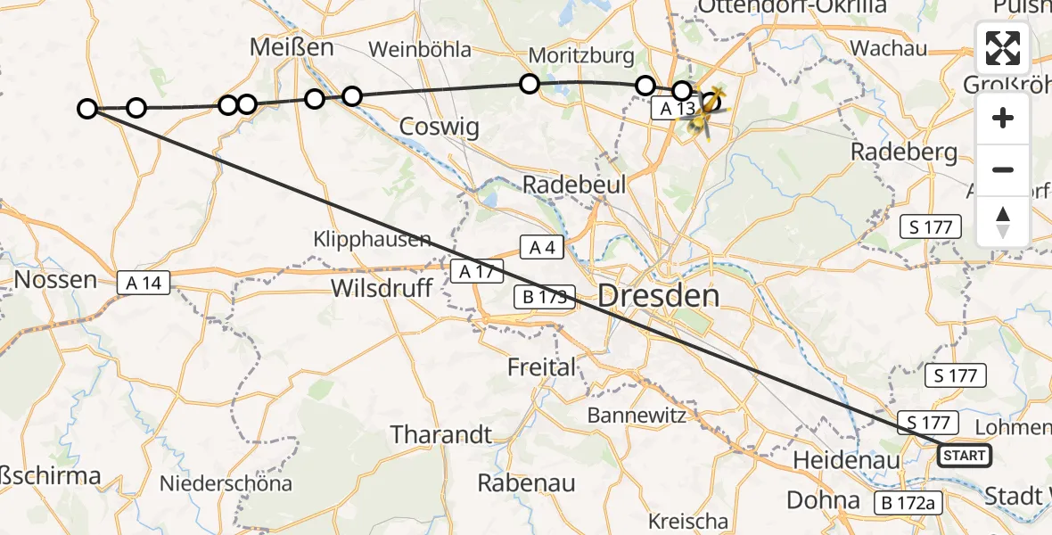 Flugroute Rettungshubschrauber Pirna - Dresden Bundespolizei Hubschrauberlandeplatz, 25 Oktober 2026, 15:37
