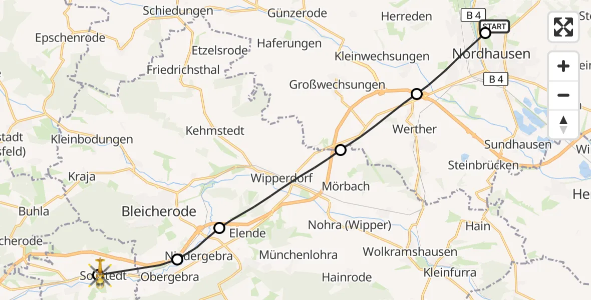 Flugroute Rettungshubschrauber Südharz Hospital Nordhausen - Sollstedt, 25 Oktober 2026, 15:54