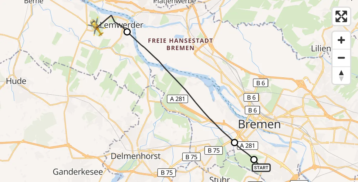 Flugroute Rettungshubschrauber Bremen - Lemwerder, 25 Oktober 2026, 15:56