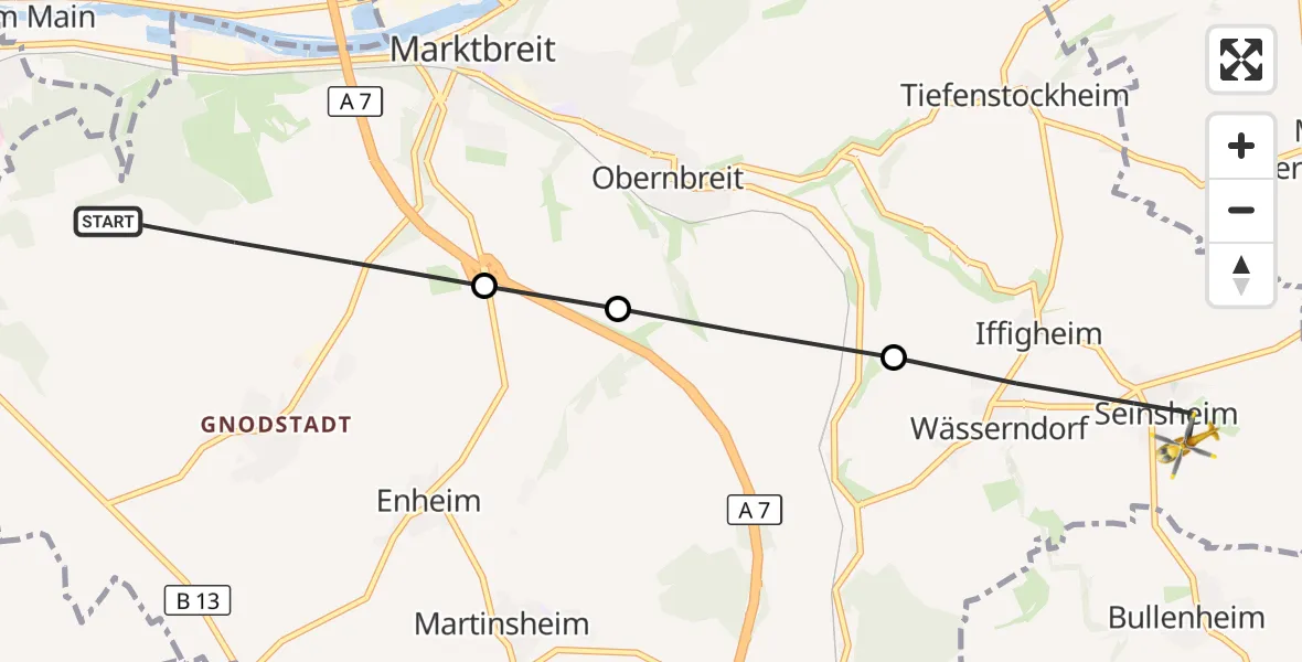 Flugroute Rettungshubschrauber Marktbreit - Seinsheim, 25 Oktober 2026, 16:07