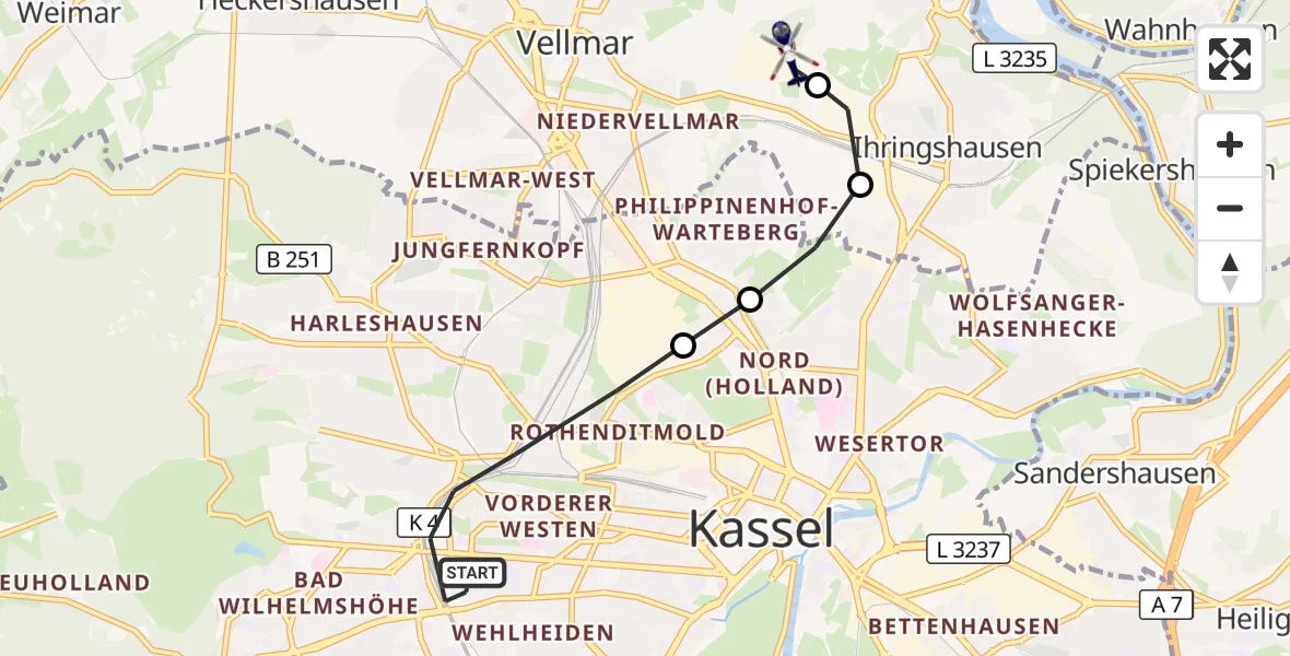 Flugroute Polizeihubschrauber Kassel - Fuldatal Bundespolizei Hubschrauberlandeplatz, 25 Oktober 2026, 16:10