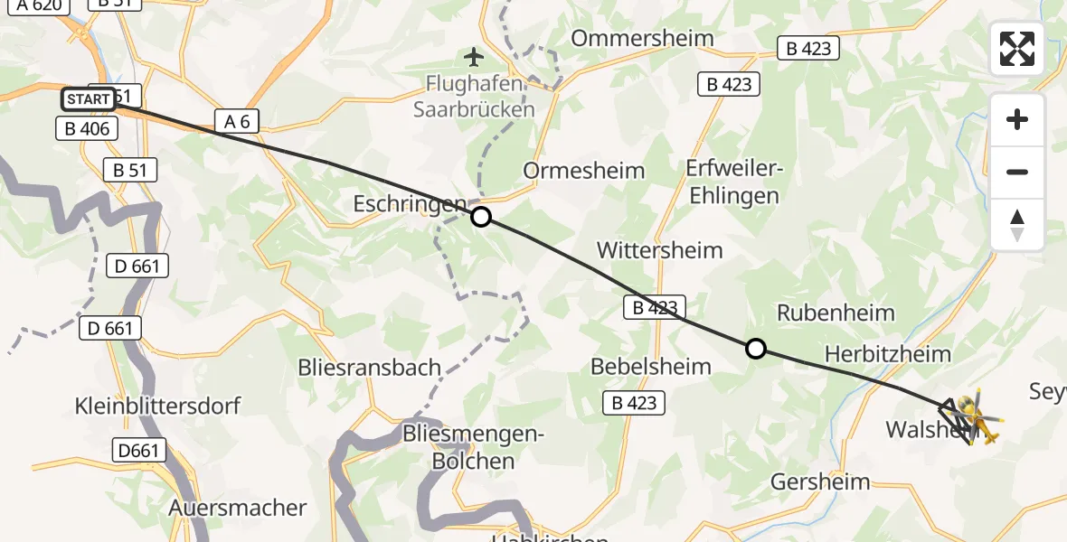 Flugroute Rettungshubschrauber Saarbrücken - Gersheim, 25 Oktober 2026, 16:15