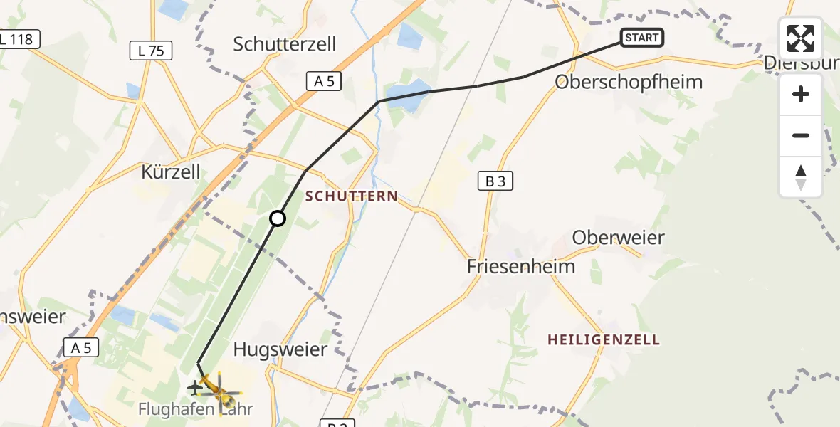 Flugroute Rettungshubschrauber Friesenheim - Lahr Flughafen, 25 Oktober 2026, 16:15